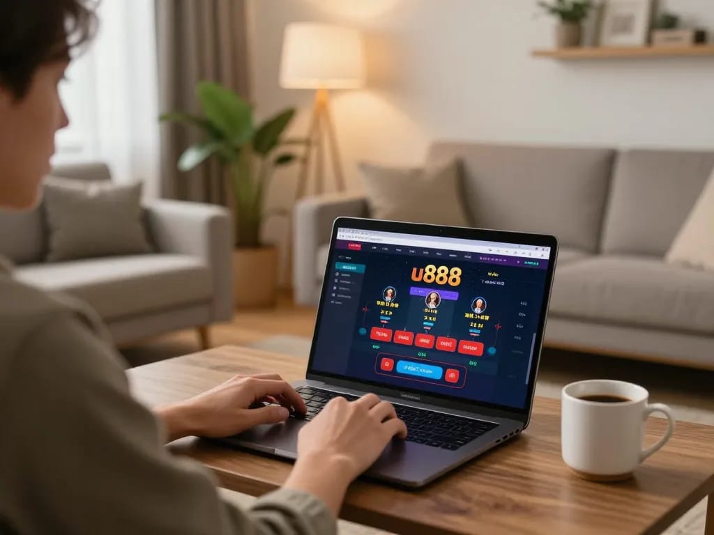 Player strategizes on u888 online casino during cozy home gaming session with laptop and drinks