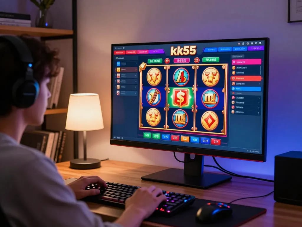 Engaging player using kk55 casino app on a modern home office setup, focused on vibrant gaming interface.