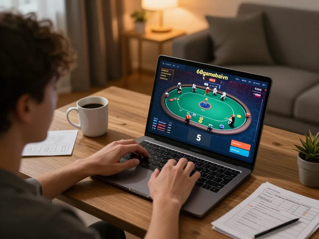 Engaging in gameplay on 68gamebaivn with poker interface displayed on a laptop at home.