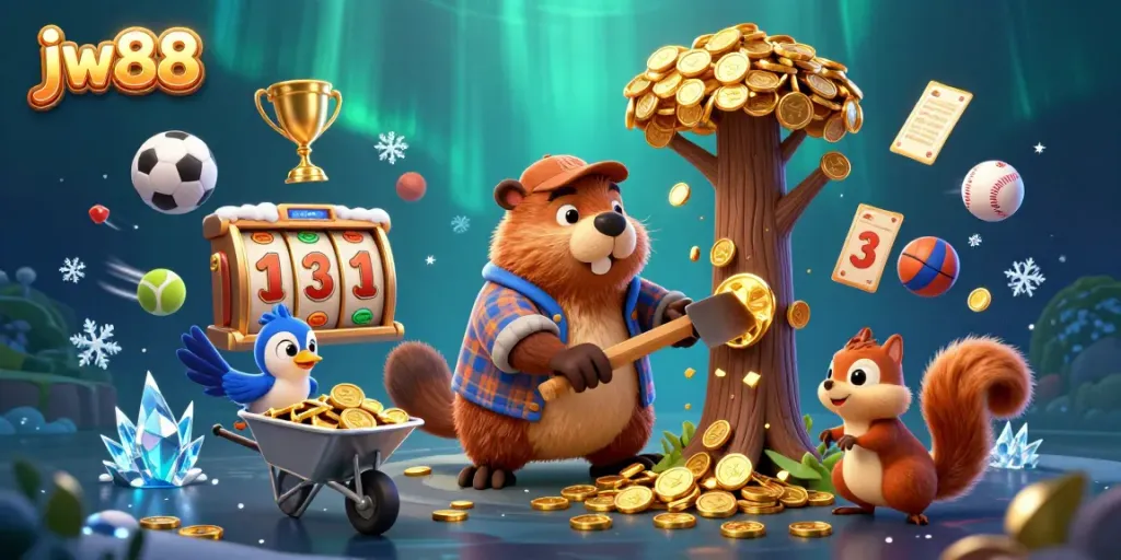 Experience thrilling wins with jw88 in a vibrant, dynamic casino world, showcasing 3D cartoon characters and lively game elements.