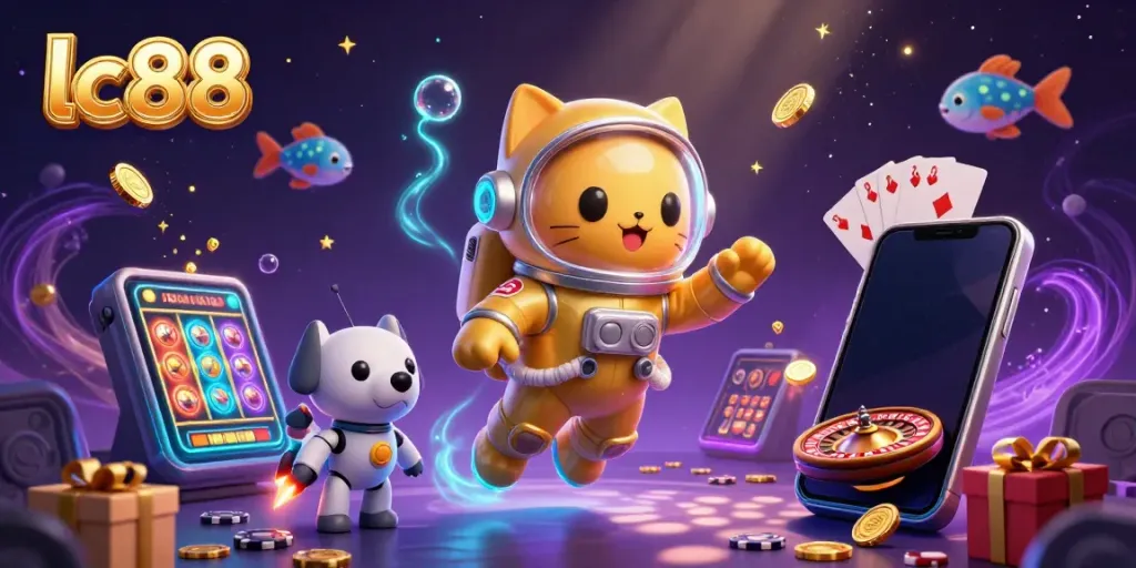 Engage with lc88's thrilling 3D gaming universe featuring a space cat and robot dog amidst vibrant slot and casino elements.