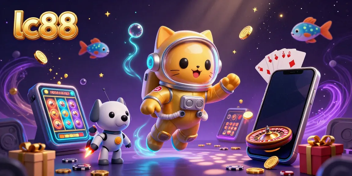 Engage with lc88's thrilling 3D gaming universe featuring a space cat and robot dog amidst vibrant slot and casino elements.