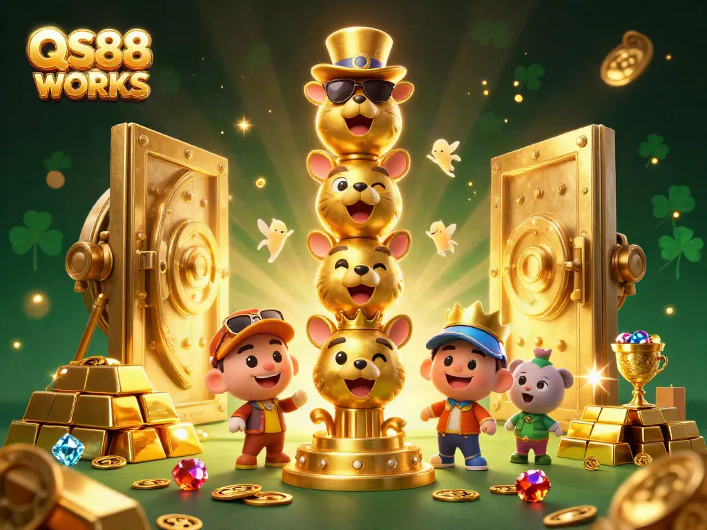Engage with QS88 WORKS through dynamic 3D visuals showcasing rich casino-themed elements.