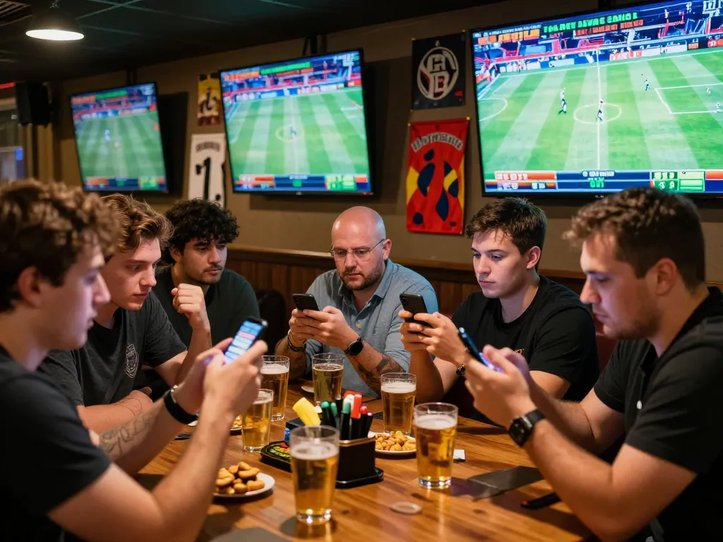 Fun88 users engaging in live sports betting at a vibrant sports bar atmosphere