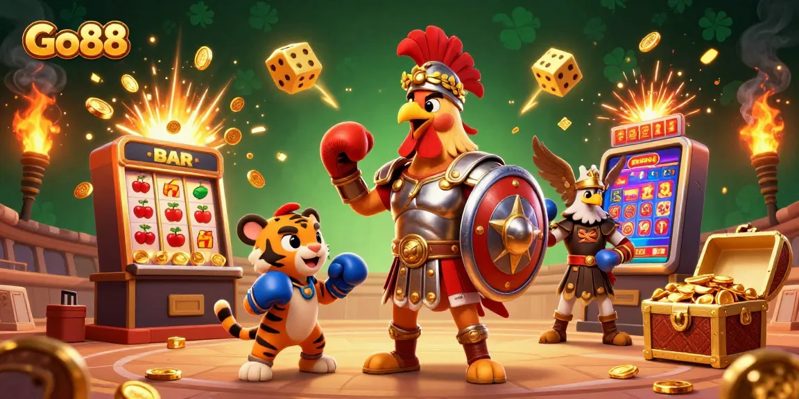 Experience winning strategies at Go88 with a dynamic 3D casino illustration packed with vibrant slot elements.