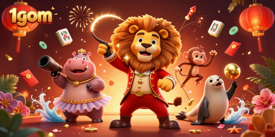 Immerse yourself in 1gom's vibrant gaming world with a dynamic casino illustration featuring lively characters and festive elements.