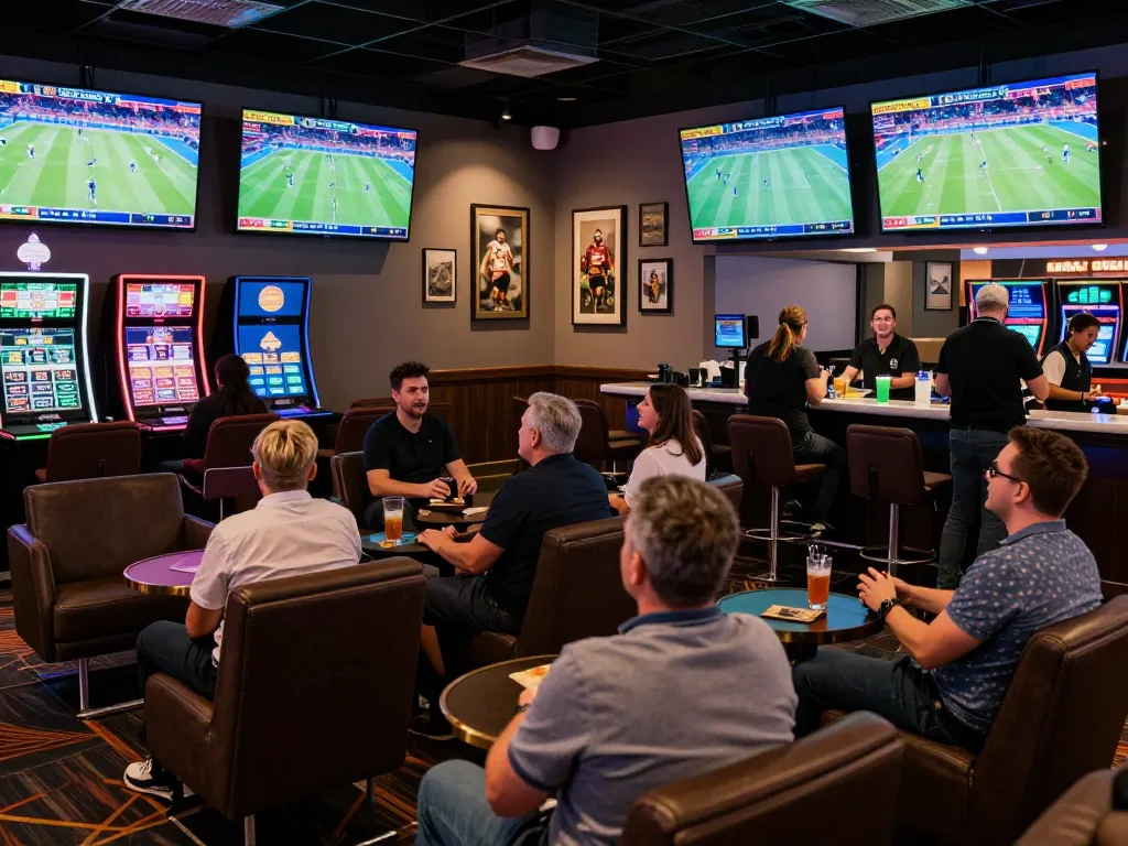 Engaged bettors analyzing odds and placing wagers in a modern sports betting lounge at keonhacai.