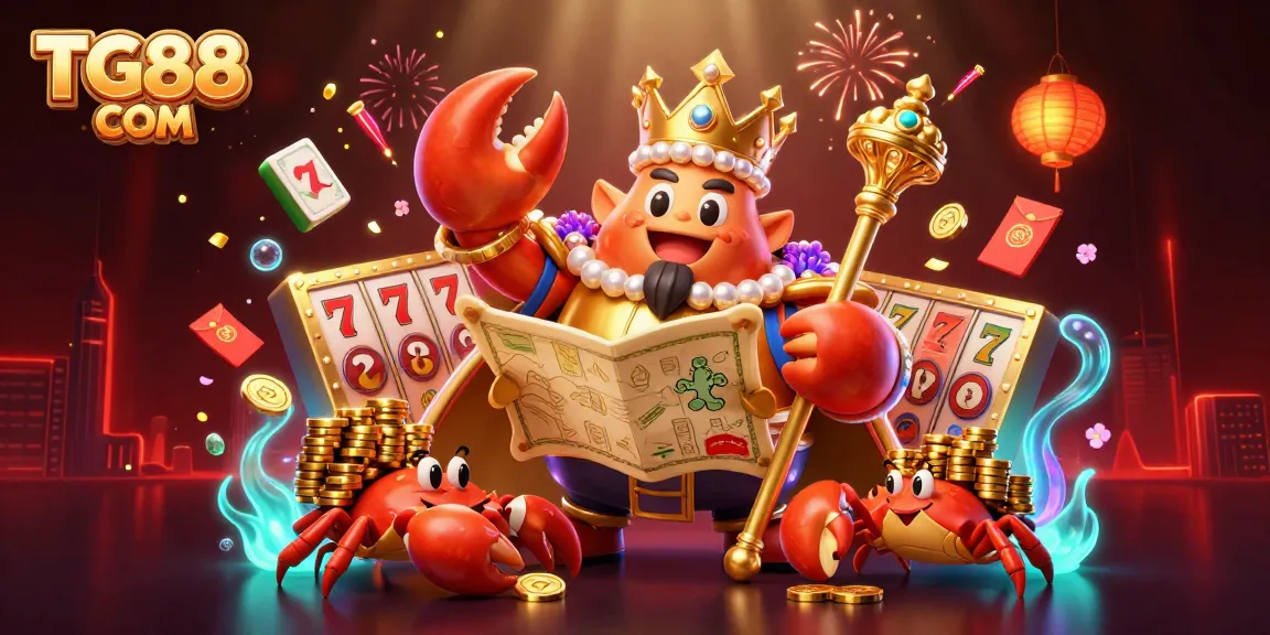 Uncover thrilling jackpots with the vibrant scene of TG88 COM featuring a golden crab emperor amidst casino elements.