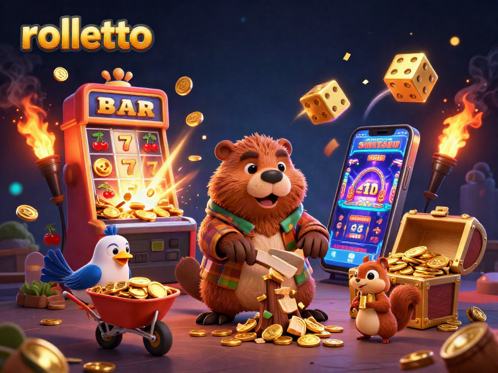 Experience thrilling rolletto gaming in a vibrant 3D scene filled with gold coins, colorful symbols, and lively characters.