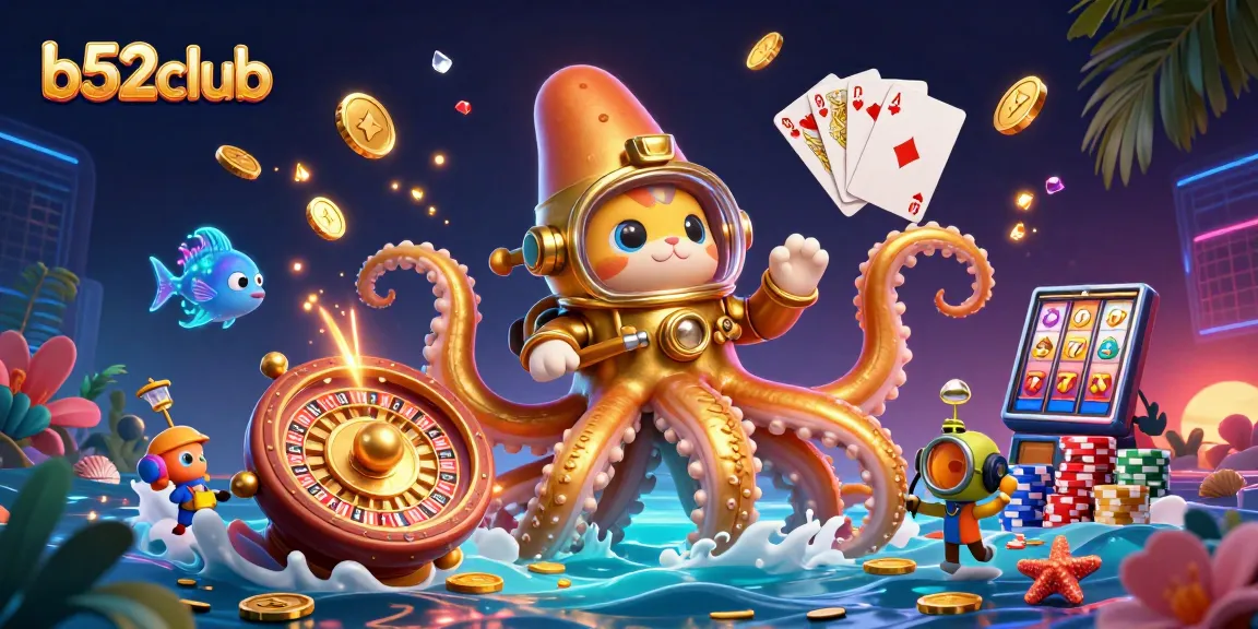 Engage with b52club's thrilling gaming experience featuring a kraken, diving cat, and dazzling casino elements.