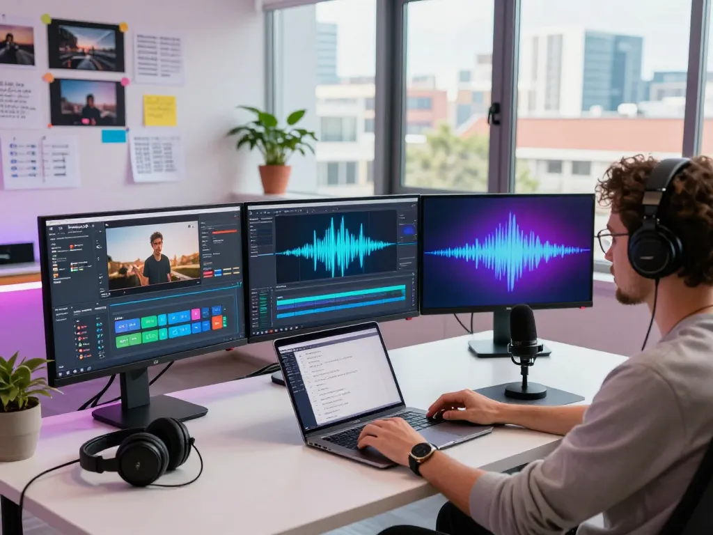Content creator using Seedance 2.0 AI in a modern video production studio.