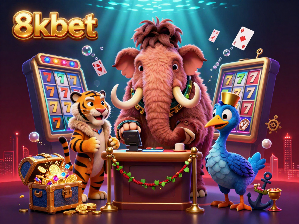 Experience the excitement of 8xbet with a woolly mammoth bouncer and slot machine elements in a vibrant casino scene.