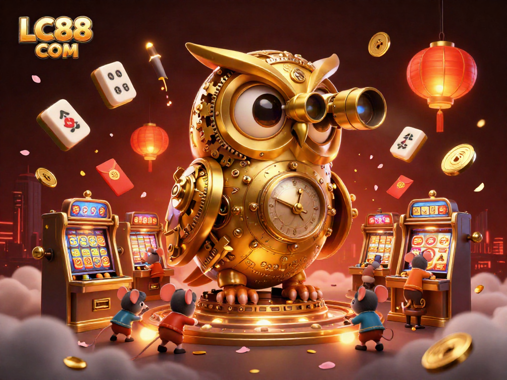 Experience thrills at LC88 COM, featuring a golden owl, bustling casino floor, and festive elements.