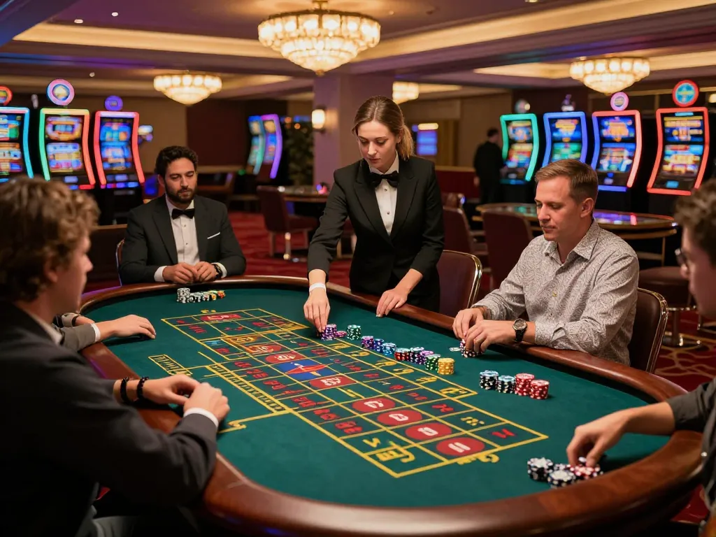 Players enjoying a roulette game at XX88 casino with a croupier managing bets.