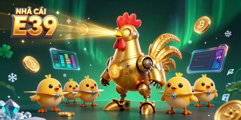 Engage with NHÀ CÁI E39's vibrant 3D casino scene featuring a golden rooster robot and crypto coins.