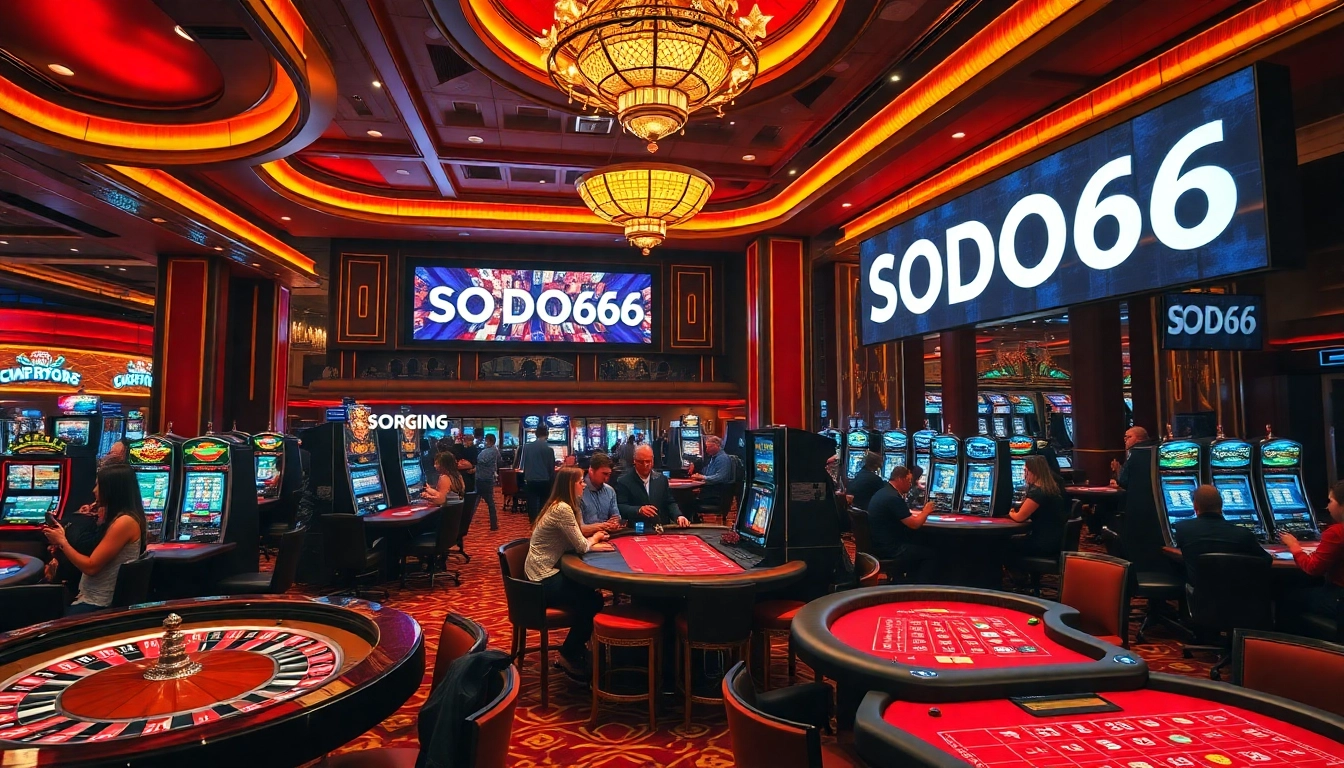 SODO66 casino excitement with roulette, poker, and slot machines in a luxurious setting.