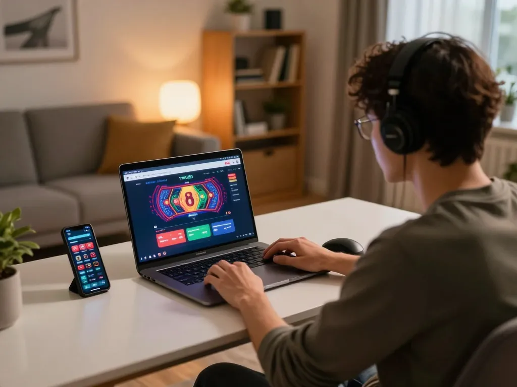 Play online casino games at tt88 platform on a laptop in a cozy home setting