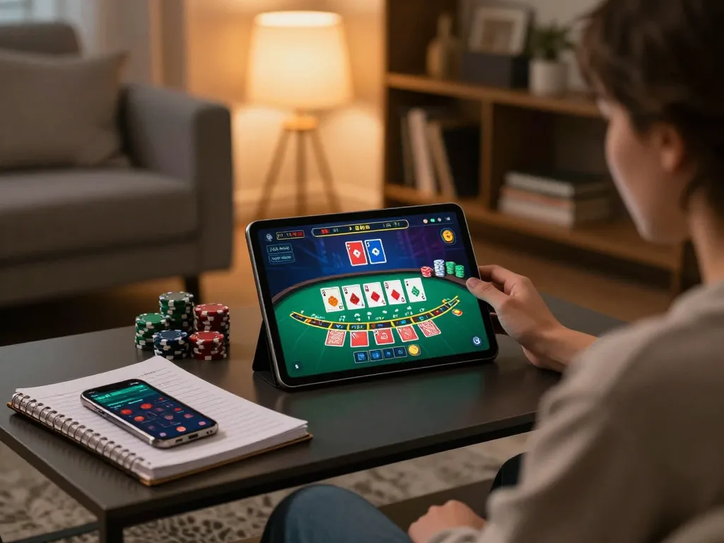 Engaging in online blackjack at home with xx88 on tablet, showcasing strategic gameplay.
