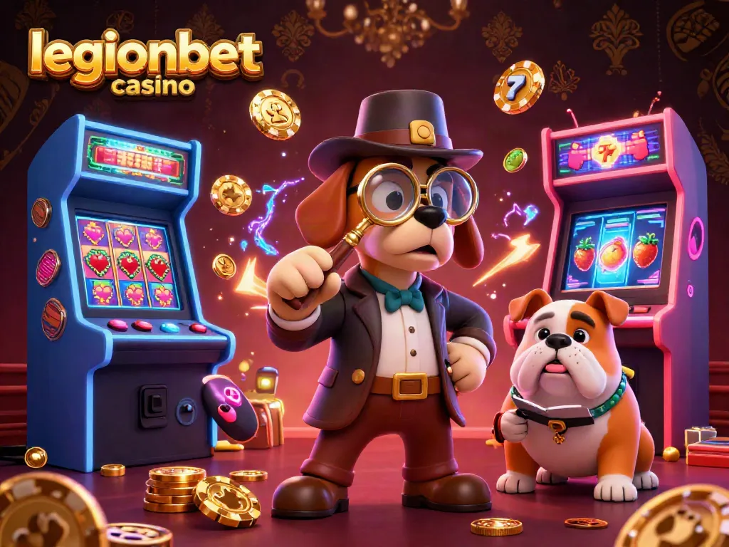Examine the legionbet casino treasures in a vibrant scene with a cartoon detective and dog.