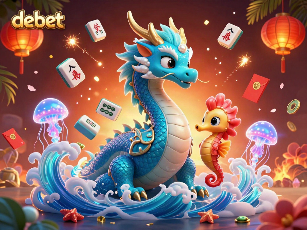 Experience exciting debet action with a vibrant illustration of a water dragon and colorful gaming elements.