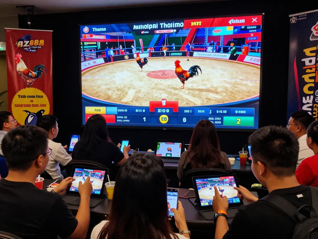 Exciting live betting atmosphere with az888 trực tiếp đá gà streamed on HD screens, vibrant audience engaging in rooster fight betting.