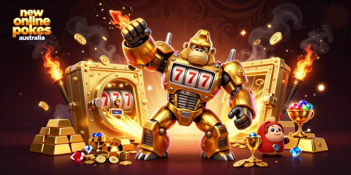 Engage with new online pokies Australia through a thrilling 3D slot-themed illustration featuring a vibrant gorilla mech.