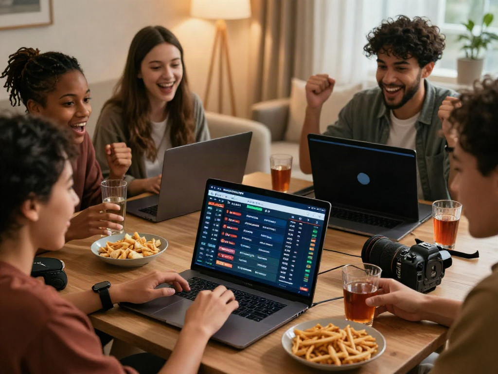 Engaged group of friends placing bets on https://five88.boats/ in a cozy living room.