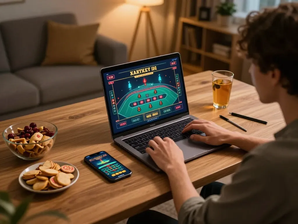 Player enjoying a thrilling online casino experience with 79win from a cozy home setup, engaging with live games.