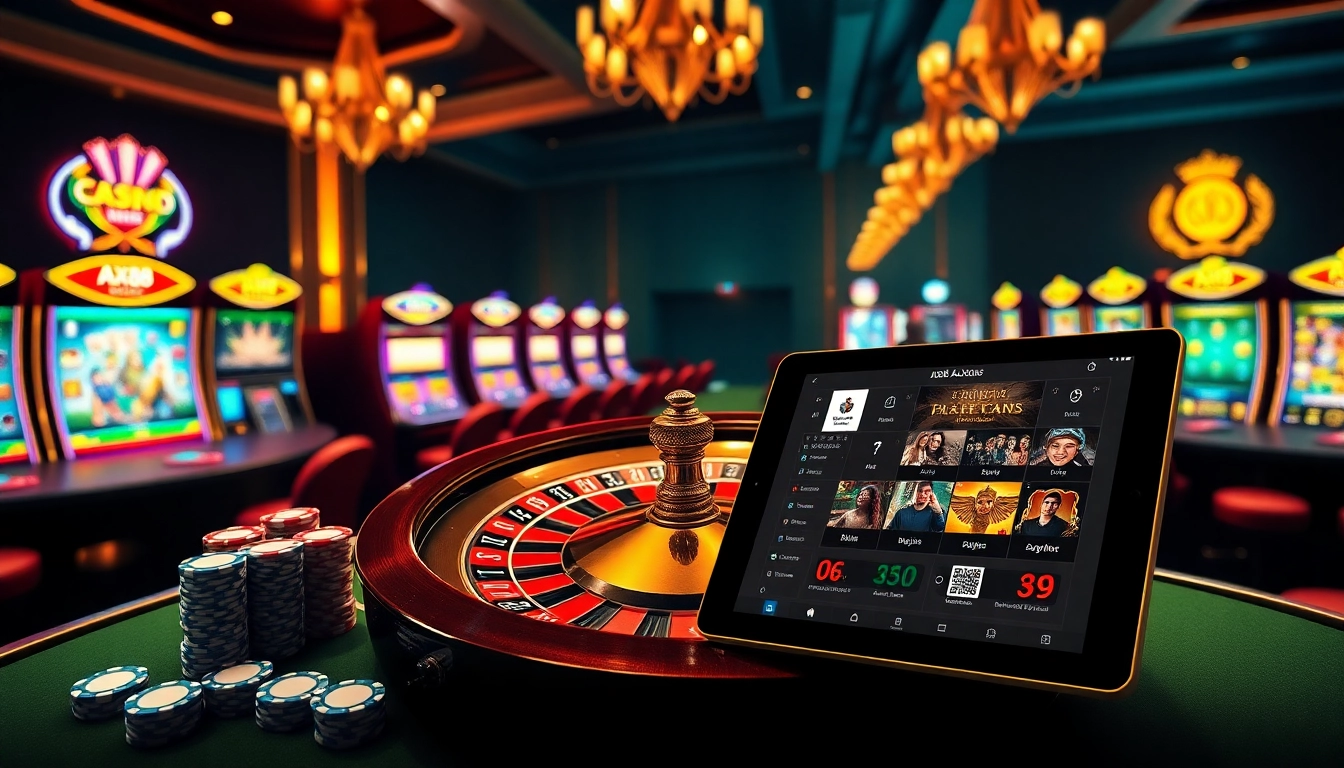 Experience the excitement of online gambling with AX88's luxurious casino environment featuring roulette and slot machines.