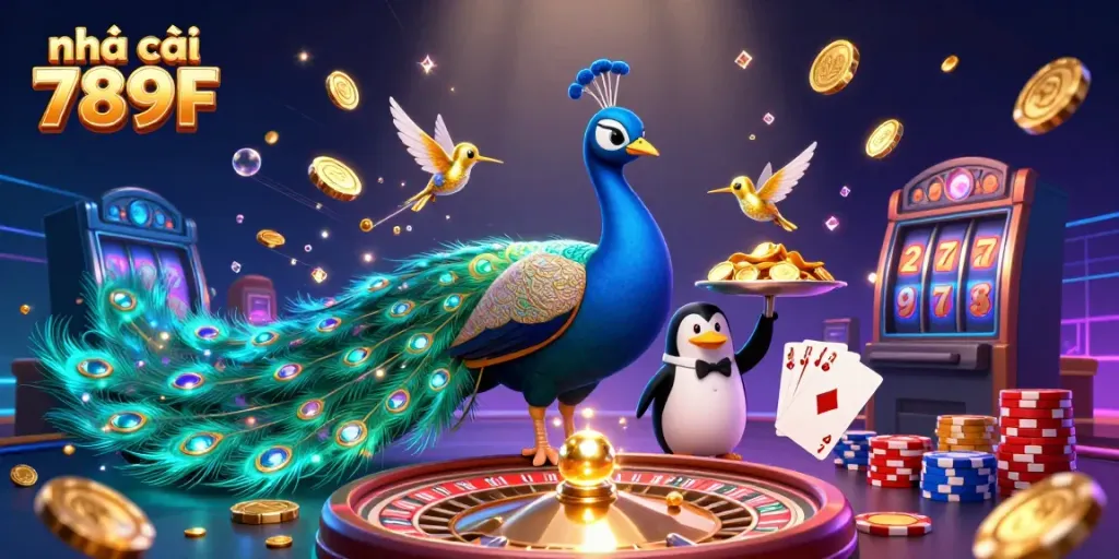 Experience the excitement of Nhà cái 789F with vibrant casino elements and playful characters in a rich digital illustration