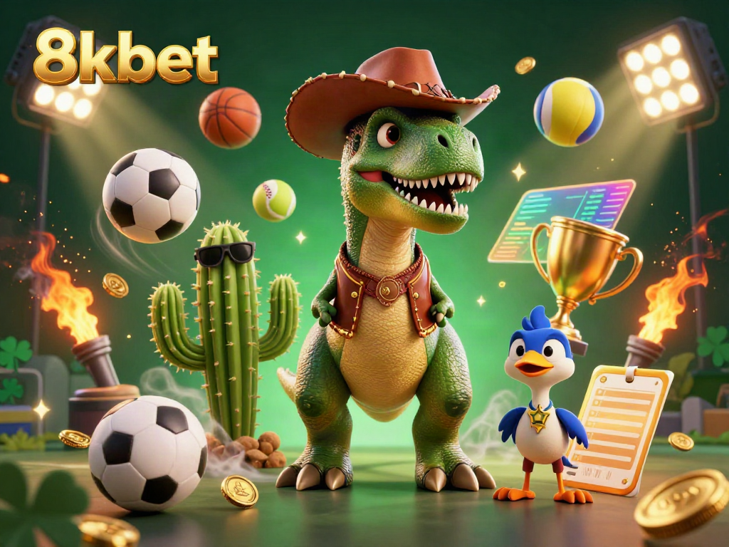 Engage in thrilling action with 8xbet as the cartoon dinosaur and friends celebrate sports betting excitement.