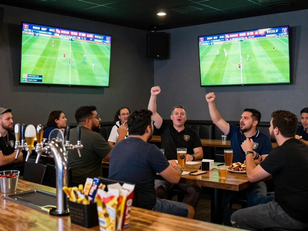 Socolive streaming live sports match in a packed sports bar, fans cheering and placing bets.