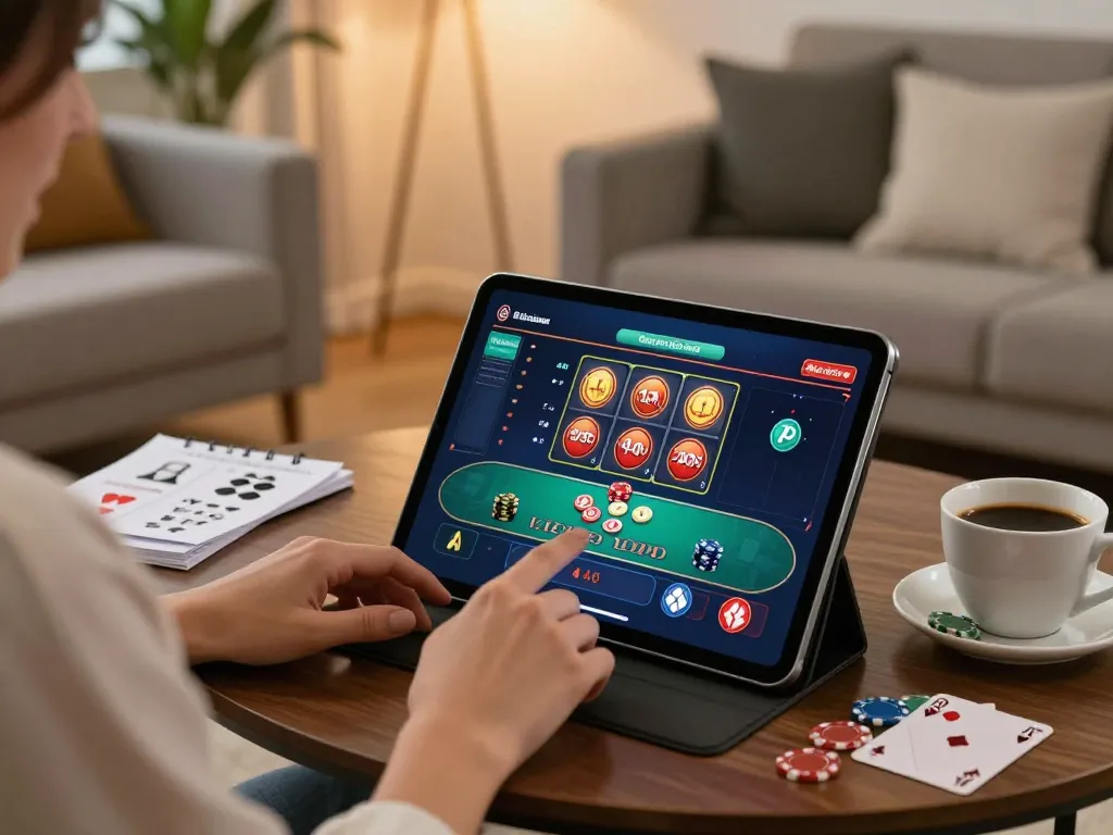 Engage in thrilling online gaming at 789betgo in a cozy home setup, focusing on poker and slots.