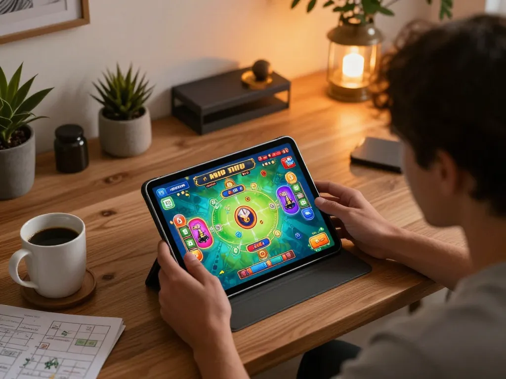 Engaged user playing tài xỉu online on a tablet at a cozy home workspace, strategizing bets.