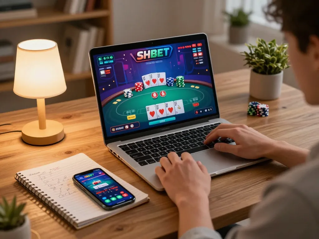 Player engaging with SHBET's online poker system at a cozy home setup, showcasing interactive gaming experience.