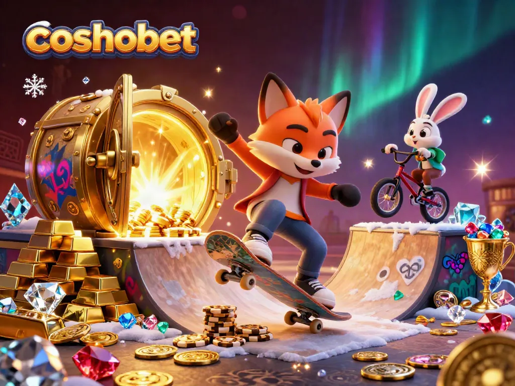 Cosmobet showcases a dynamic 3D illustration with a skateboarder fox and BMX rabbit in a vibrant casino setting.