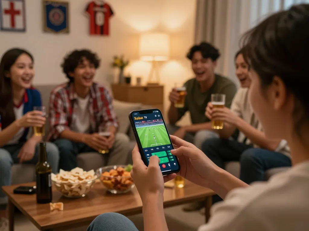 Xoilac TV app in a cozy living room, capturing a live football match scene with fans enjoying sports betting.