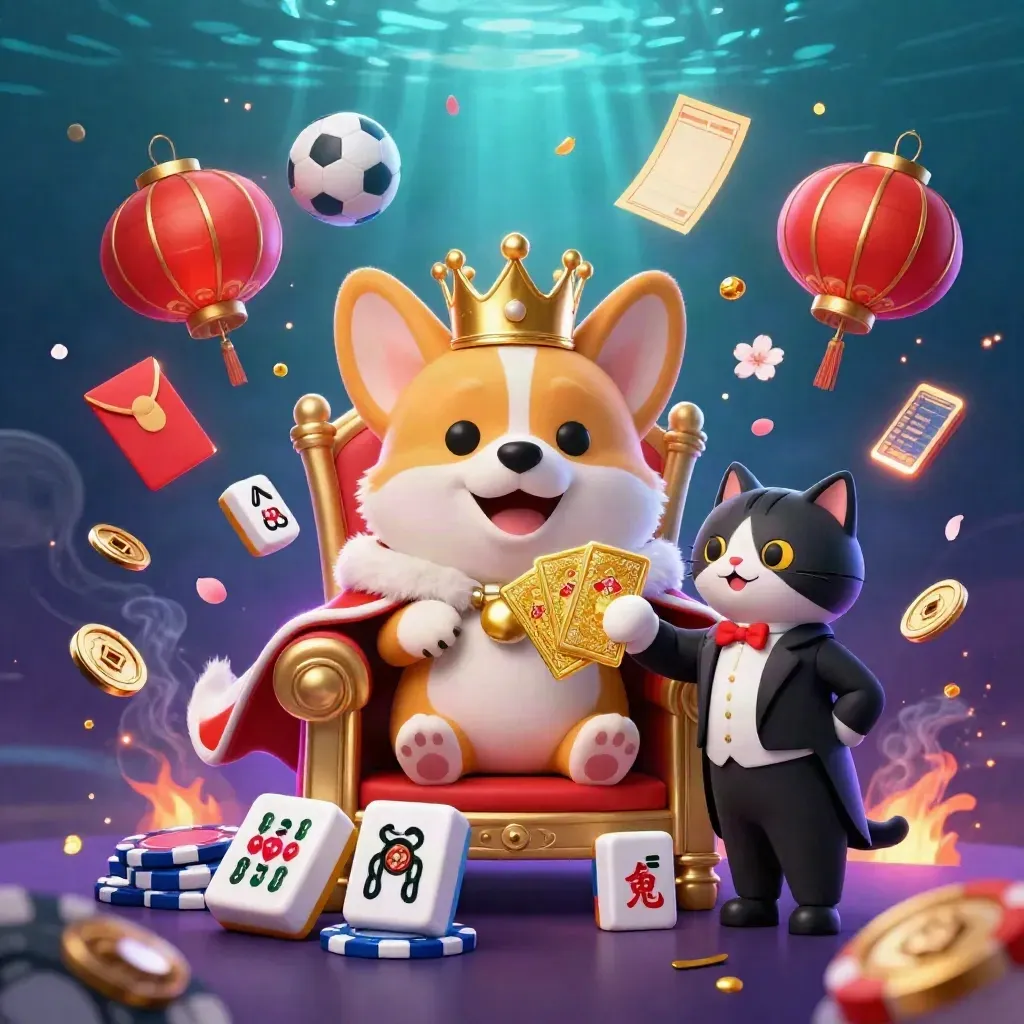 Royal corgi and cat butler amid casino props, chips, lanterns, coins, and glowing blue-gold light.