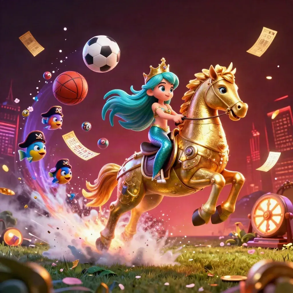 Mermaid on armored seahorse amid flying balls, fish, petals, and casino glow