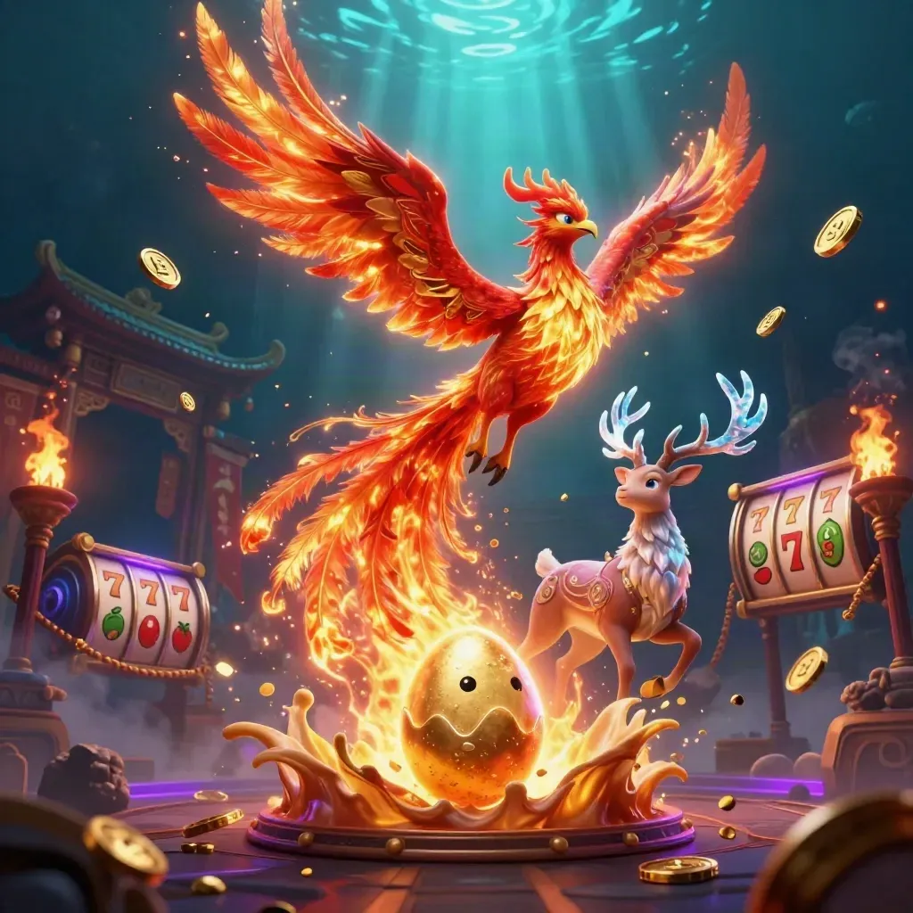 Fire phoenix, baby phoenix, and crystal-antler stag in a neon casino fantasy scene.