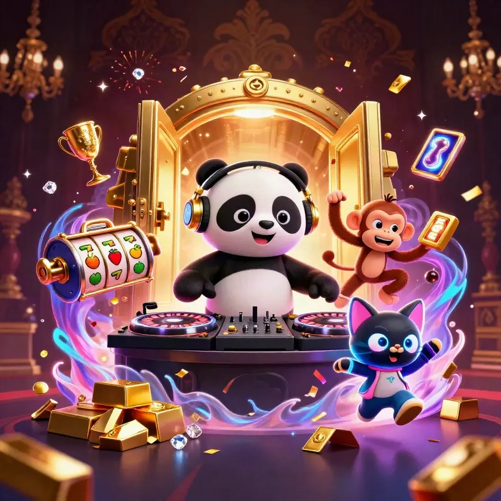 DJ panda, breakdancing monkey and glow-stick kitten around a golden vault door with casino treasures.