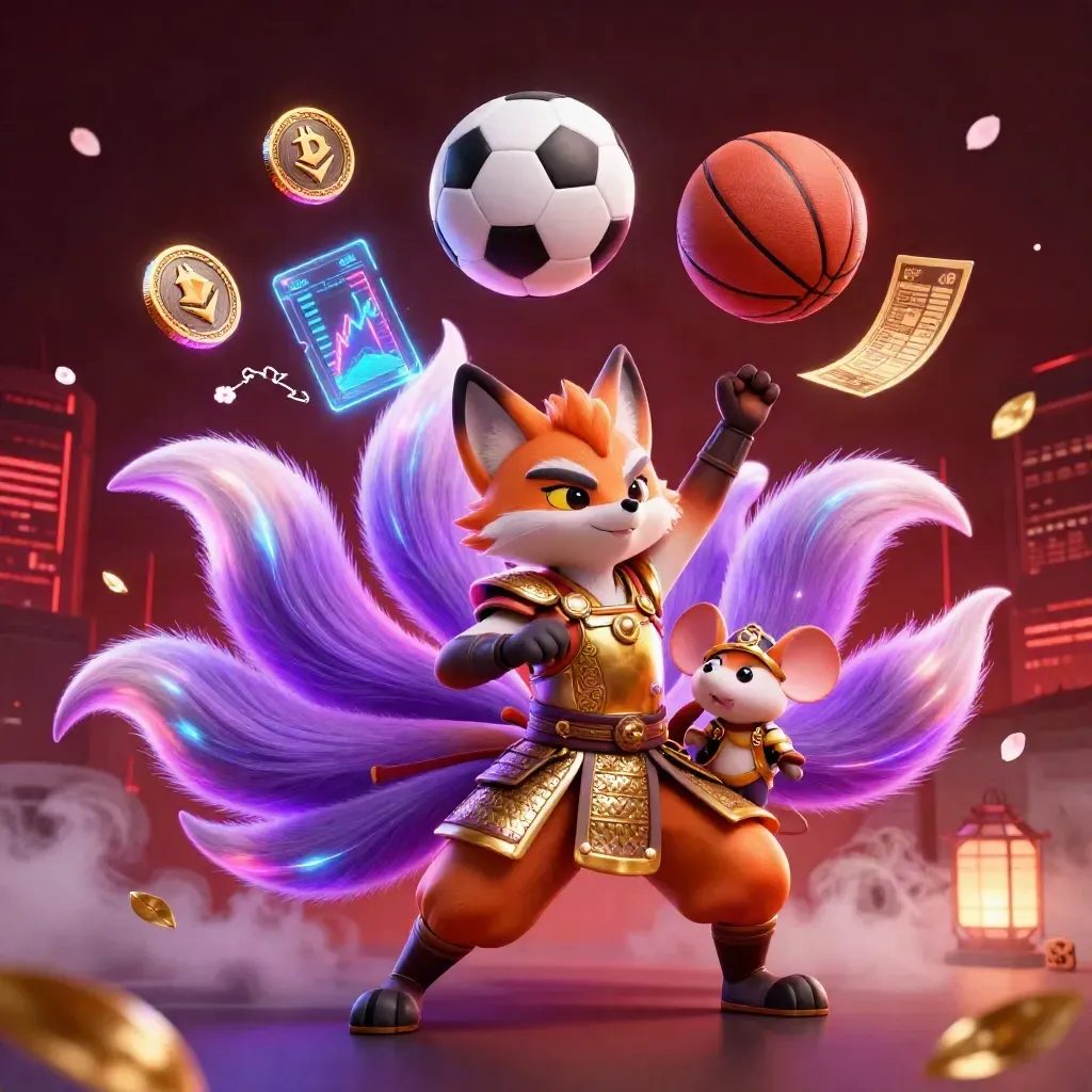Neon fox spirit and samurai mouse amid flying sports balls, casino coins, lightning, and dark red glow.
