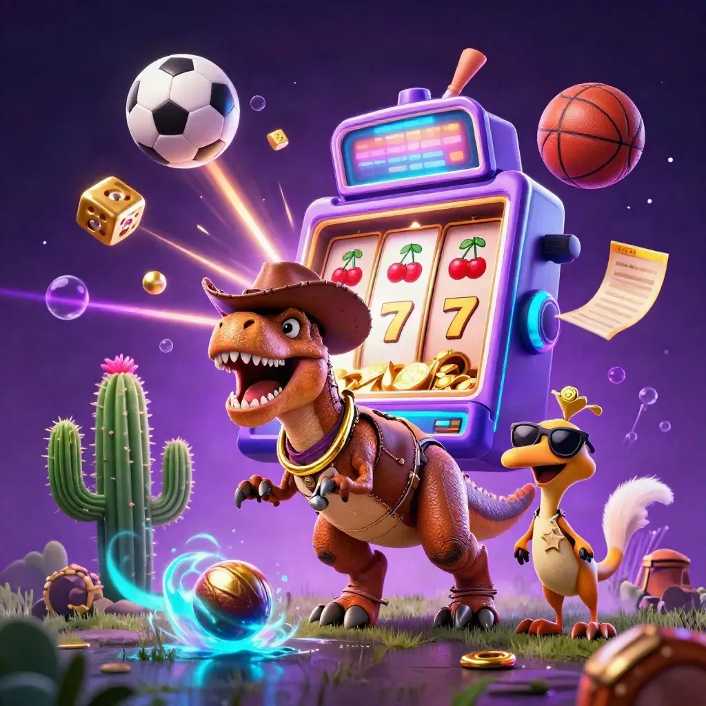 Cowboy T-Rex, cactus and roadrunner amid neon casino bursts, balls, gold and light.