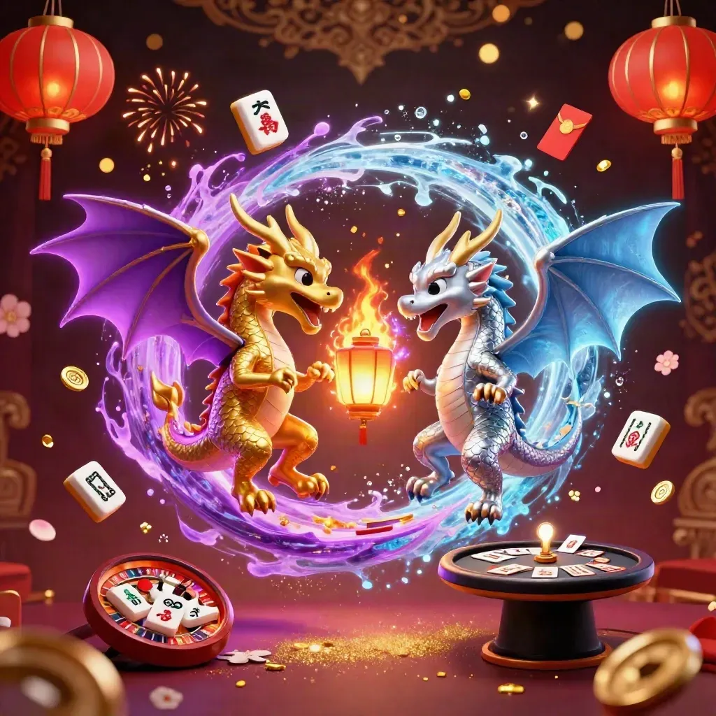 Gold and silver dragons spiral with lantern spirit amid casino relics and glowing jade on a dark luxe backdrop.