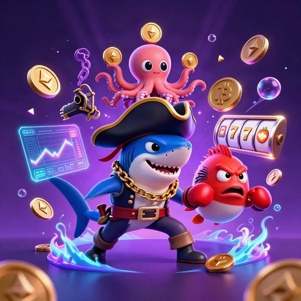 Pirate shark, boxing pufferfish, and coin-juggling octopus amid neon casino chaos.