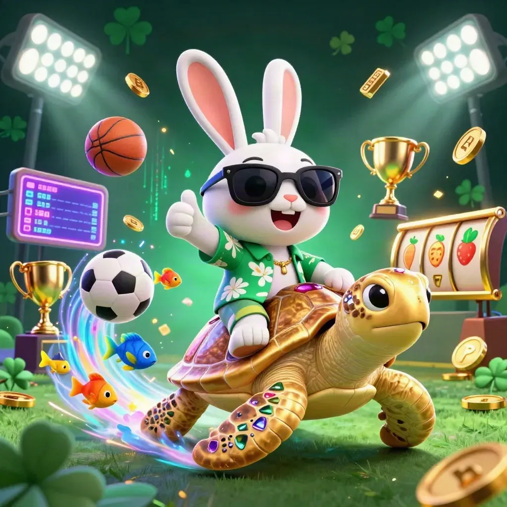 Lucky rabbit rides a gem-shell turtle amid casino game energy, coins, balls, and neon glow.
