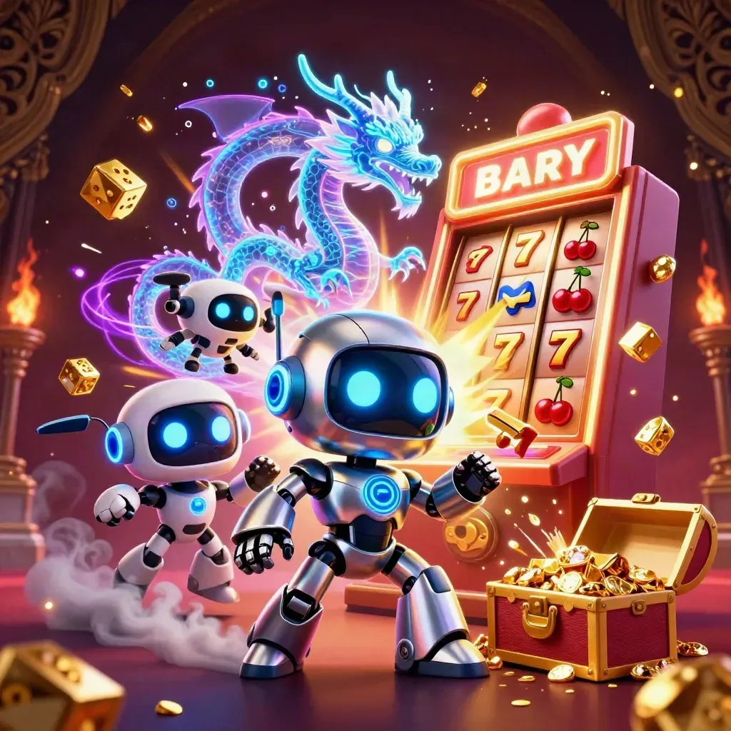 Cyberpunk robot, holographic dragon and coin drone amid exploding slot machine riches