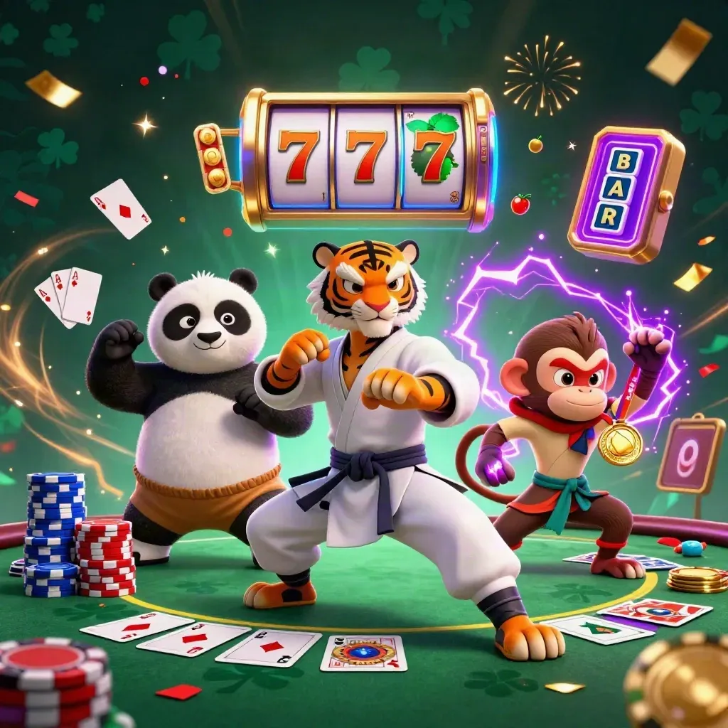 Tiger master, panda disciple and monkey student amid casino cards, chips, reels and neon magic.