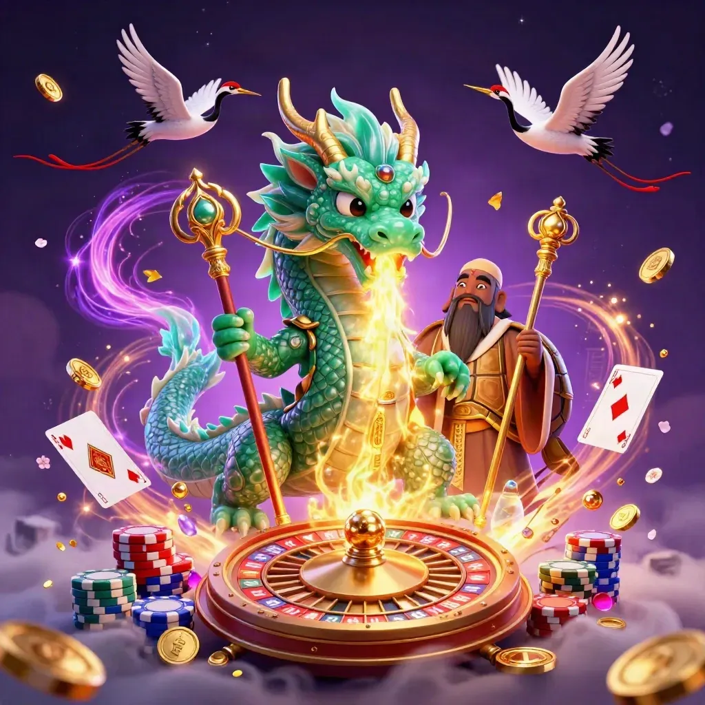 Jade dragon, turtle sage, and cranes amid casino treasure bursts on a purple glow.