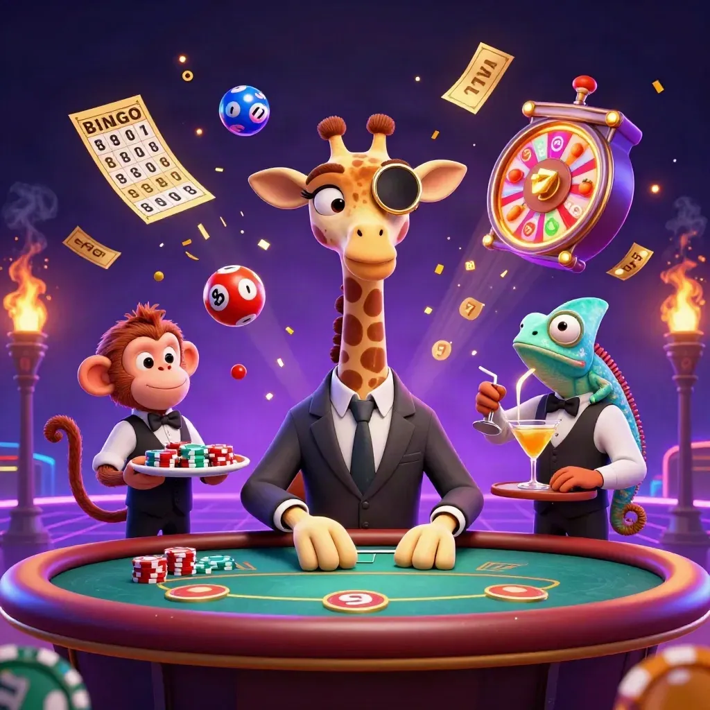 Suit-clad giraffe, monkey valet, and chameleon bartender amid neon casino bursts and treasure